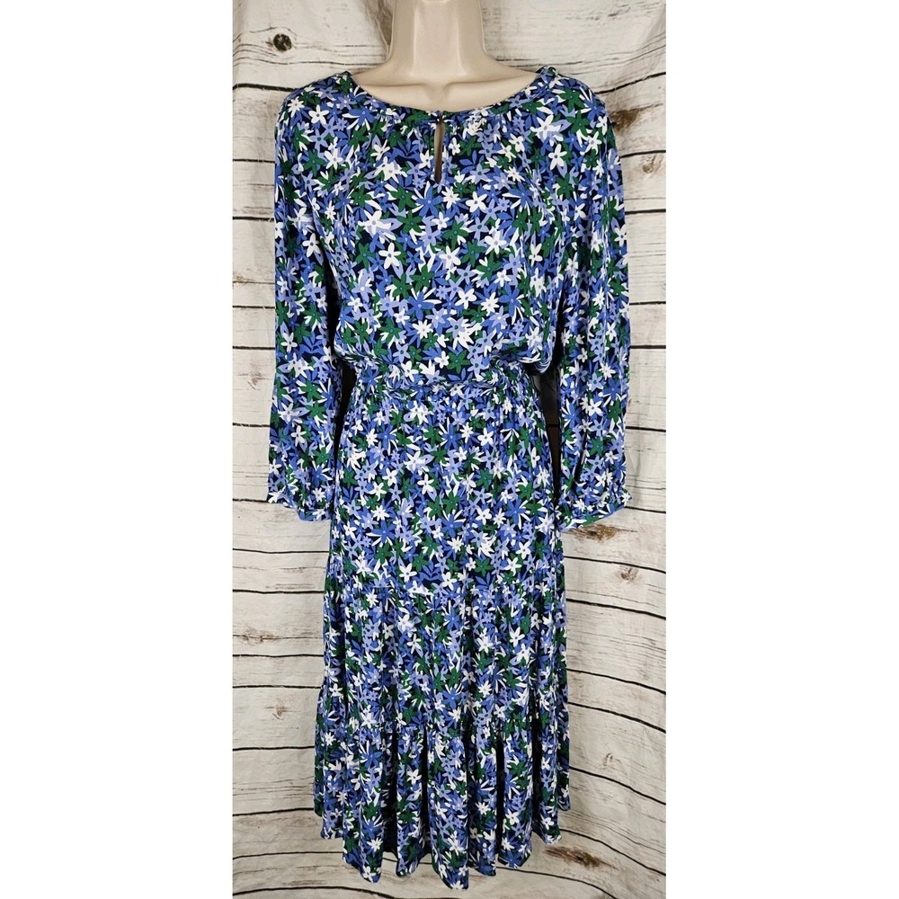 Talbots Blue Floral Dress 10 Midi Fit & Flare Ruffle Teacher 90's Womens